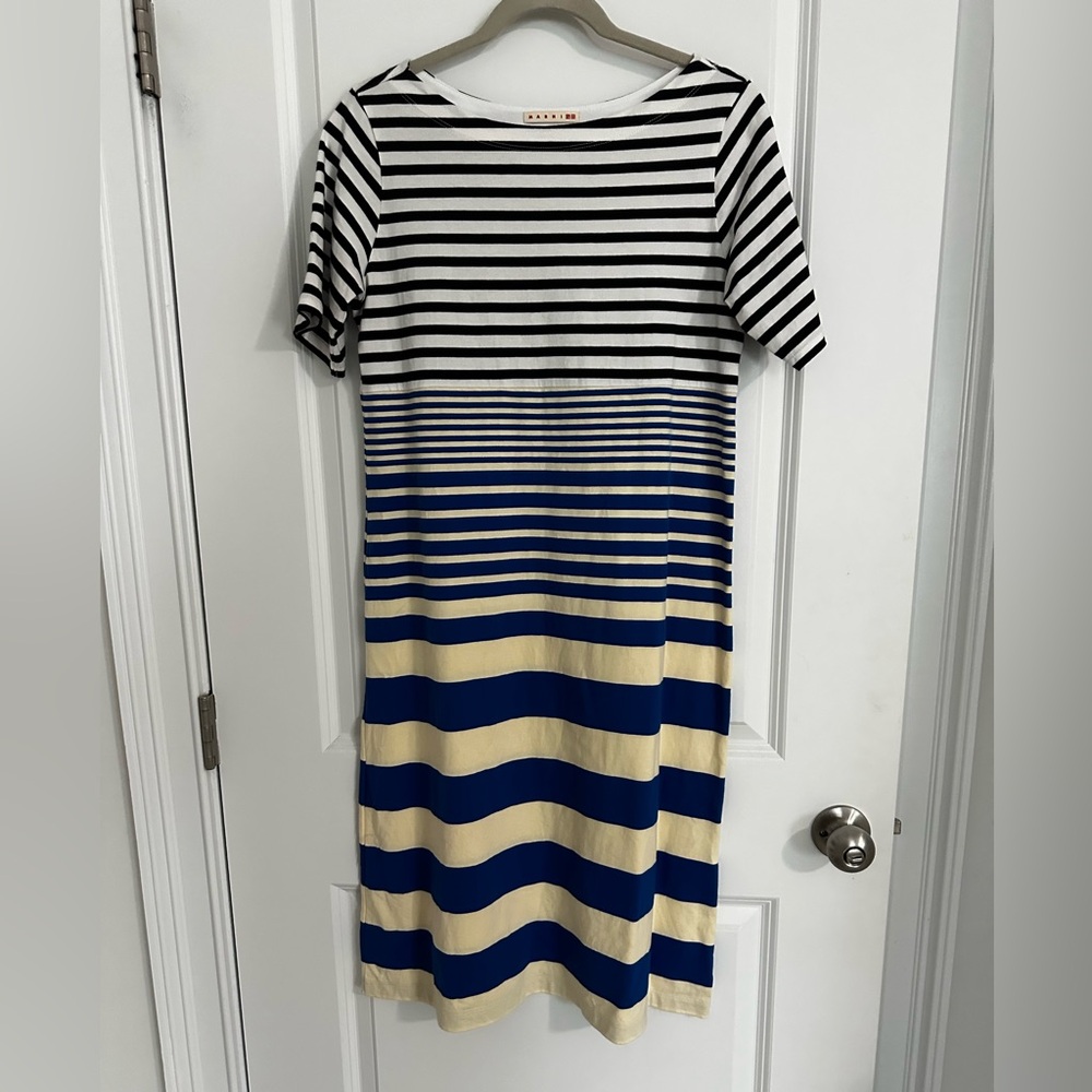 Marni Striped Black, White, and Blue Midi Dress